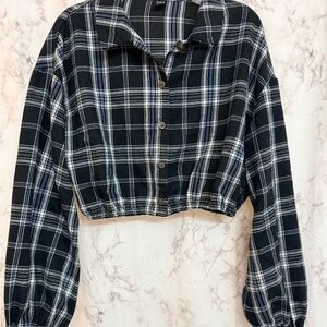 SHEIN Black Plaid Shirt with White and Blue Stripes